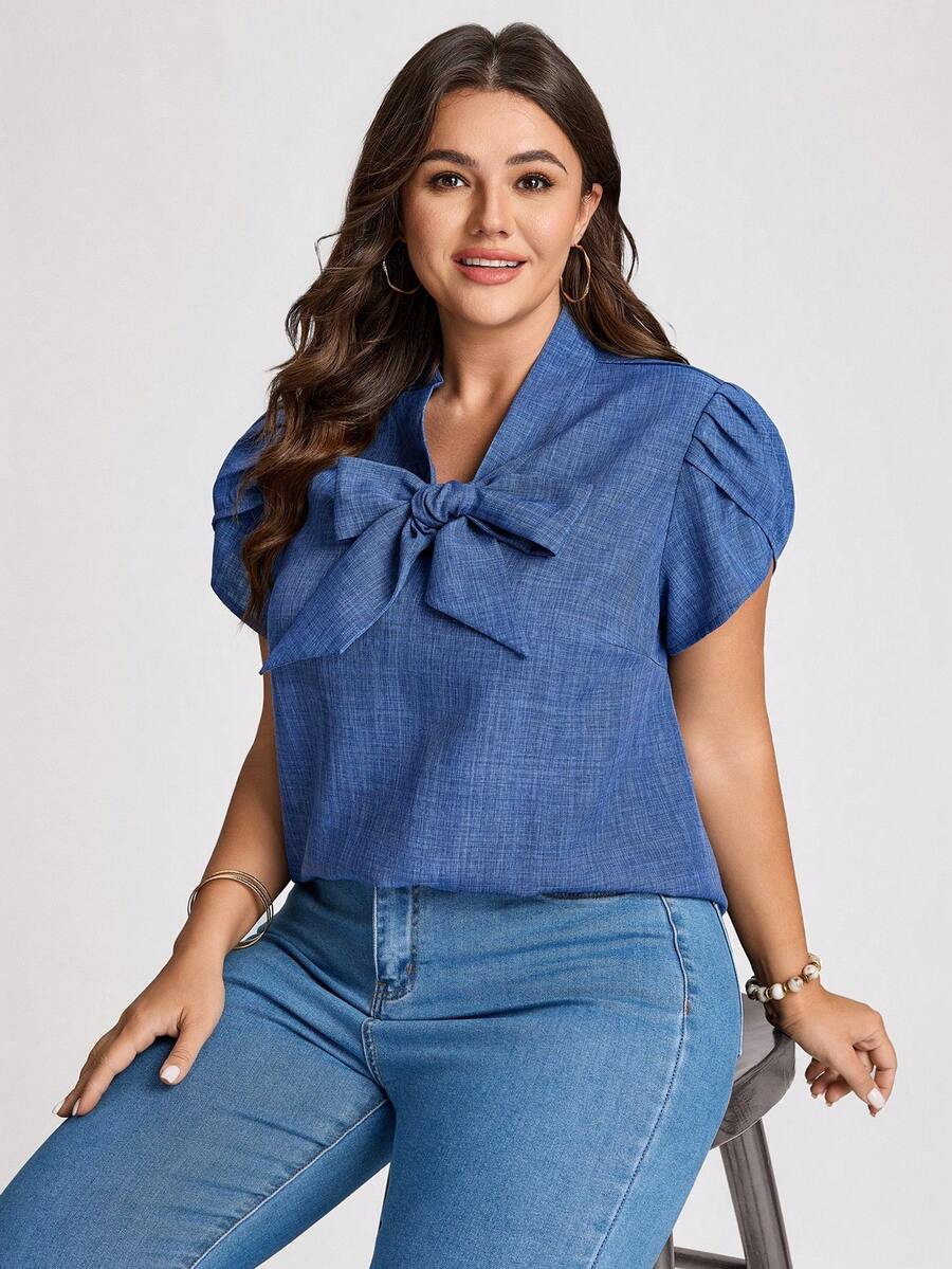 Comfylo 大码女式纯色系带领褶皱休闲百搭日常衬衫 - 藍色 - 查看 1