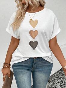 EMERY ROSE 女士休闲圆领短袖罗纹渐变爱心印花加大码T恤 - 白色 - 查看 3