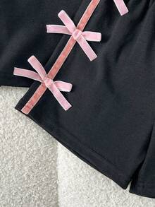 Cozy Pixies 女嬰拼色蝴蝶結裝飾圓領短袖上衣與鬆緊腰短褲 2 件套 - 黑色 - 查看 6