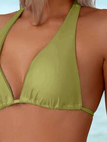 Swim Vcay 女士夏季沙滩比基尼套装，系带露背挂脖无钢圈文胸和系带侧边泳裤，两件套比基尼 - 橄欖綠 - 查看 3