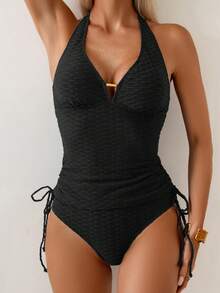 SHEIN Swim 女士夏季度假休闲沙滩装纯色露背露脐上衣和三角泳裤连体泳衣套装 - 黑色 - 查看 3