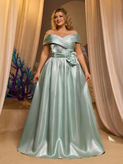 Glamrae Elegant Luxurious Green Satin Pleated Off-Shoulder Floral 3D Decor High Slit Oversized A-Line Dress, Suitable For Weddings, Parties, Graduations, Holidays, Formal Occasions (Heavily Embellished)