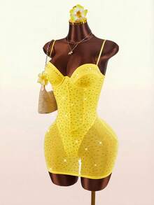 Amplova Women's See-Through Cup Detail Mini Dress, & Avant-Garde Sparkling Rhinestone Sparkly Yellow,Summer,70s,Night Out,Party Island Resort Dress - Yellow - View 9