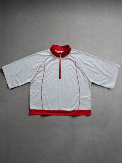 ROMWE MEN Men's Patchwork Contrast Color Zipper Loose Short Sleeve Polo Shirt Spring/Summer