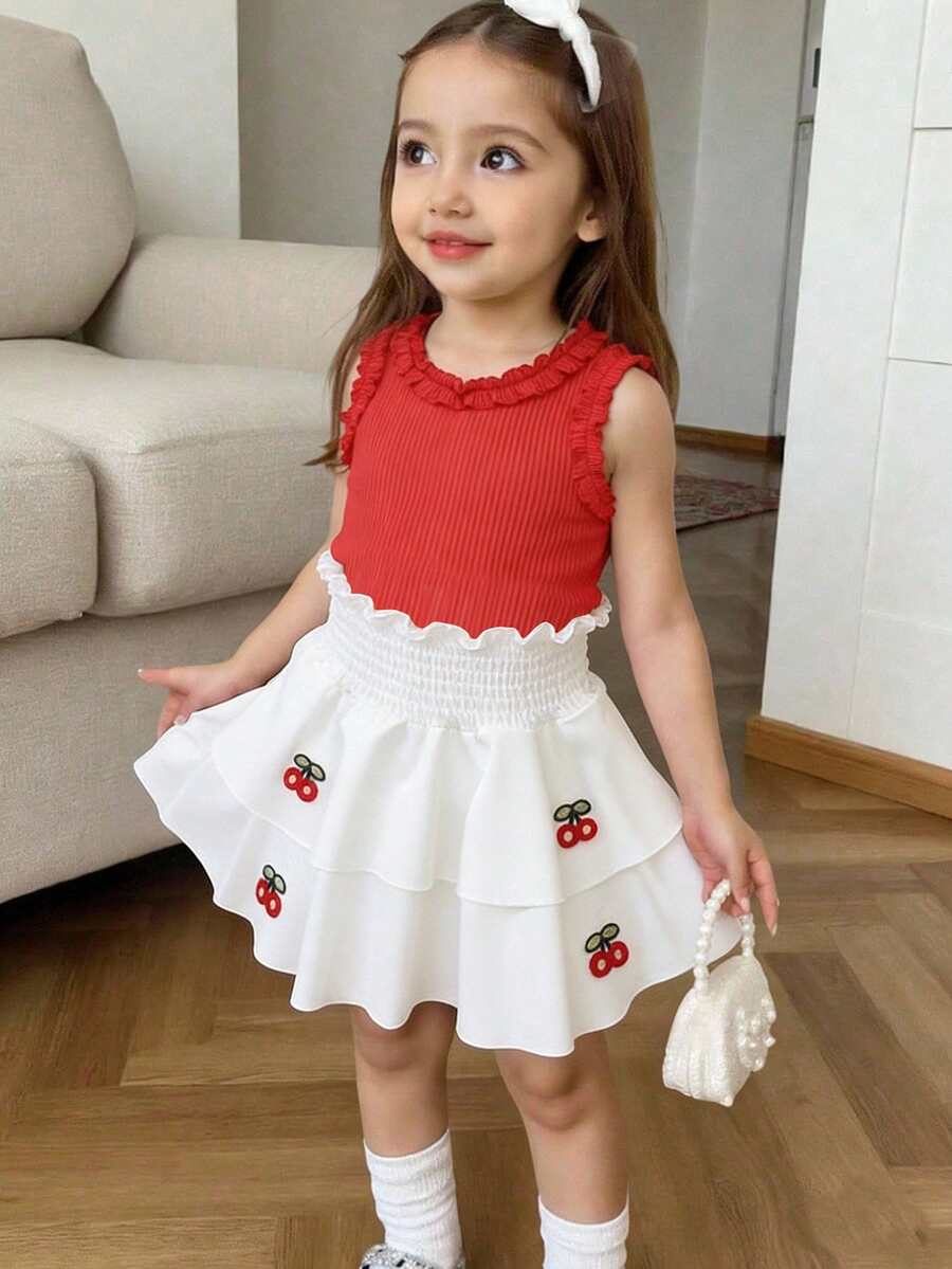 Genkimix Kids 2pcs Young Girl Sweet Princess Style Red & White Cherry Embroidery T-Shirt Set, Sleeveless Ruffle Hem Top And Puff Sleeve Cake Skirt With 3D Cherry Embroidery, Suitable For Celebrations, Birthday Parties, Casual Wear, Spring/Summer Outings, Back To School - Red and White - View 1