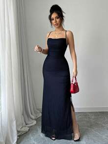 Rafferiza 复古性感网眼高开叉抽绳连衣裙 - 藍色 - 查看 7