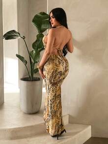 SHEIN SXY Leopard Print Backless Decorative Metal Halter Dress Sexy Maxi Dress Snake Dress Summer Sexy Dress Tiger Print Dress Open Back Dress Sexy Vacation Dress Halter Neck Dress Snake Print Dress Cut-Out Dress Leopard Print Dress - Multicolor - View 2