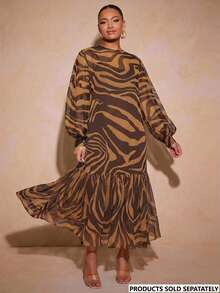 Vixey 薄纱荷叶边下摆透视网纱灯笼袖束腰上衣 - 棕色 - 查看 1