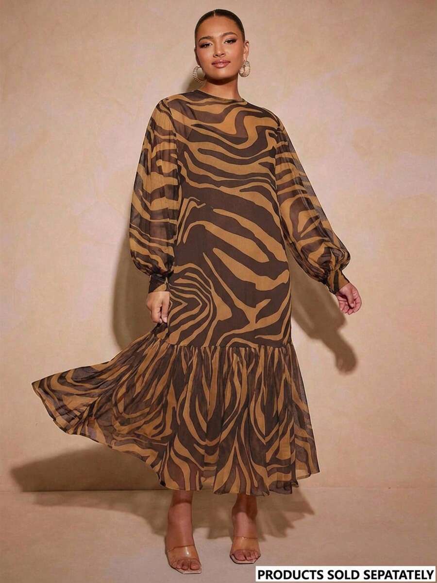 Vixey 薄纱荷叶边下摆透视网纱灯笼袖束腰上衣 - 棕色 - 查看 1