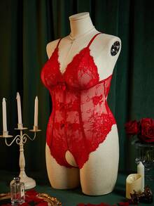 SpicyHot Plus Size Red Lace Crotchless Bodysuit Lingerie For Women,Summer Curve Bow Decor Sheer Teddy Set,Body Suit - Red - View 11