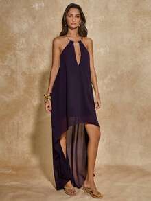 SHEIN BAE Women's Casual Vacation Chiffon Asymmetrical Hem Metal Ring Halter Dress, Suitable For Casual Vacation, Beach Vacation, Sisters' Gathering, Romantic Vacation, Purple Chiffon Dress With Asymmetrical Hem - Purple - View 6