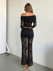 Siren Gaze 女士极简日常蕾丝拼接露肩上衣和裤子两件套春季穿搭 女士春假穿搭 情人节穿搭 情人节穿搭 生日穿搭 黑色蕾丝套装 - 黑色 - 查看 3