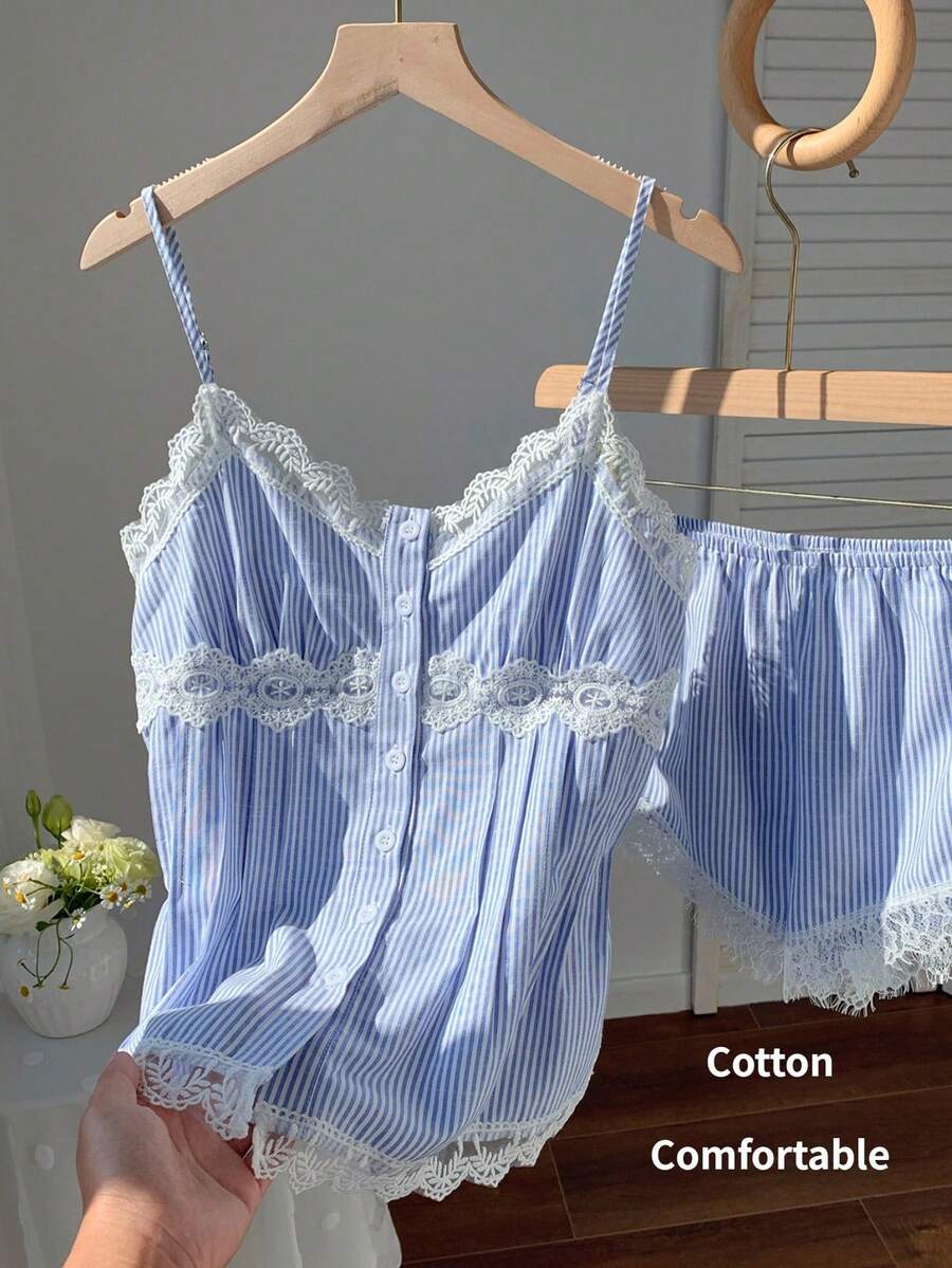 SHEIN EZwear Summer Holiday Outfits Blue Striped Woven Casual Women 2 Pieces Set - Blue and White - View 1