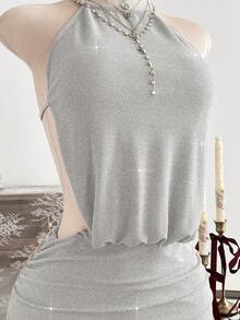 Elamini Sexy Backless Halter Metallic Glitter Mini Dress For Party - Grey - View 6