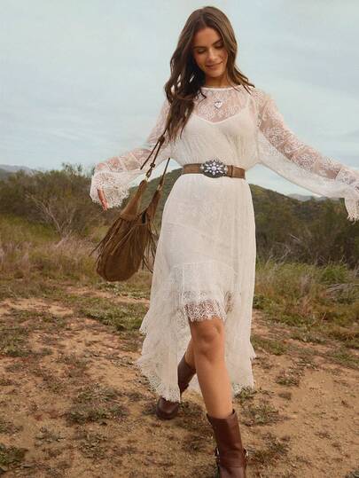 WESTFADE Floral Lace Round Neck Long Sleeve Asymmetrical High Low Tiered Ruffle Sheer Dress Spring, Resort Wear, Summer, Casual, Cute, Boho, Stagecoach, Coachella, Festival, Nashville, Cowgirl, Western Clothes, Vacation, Beach