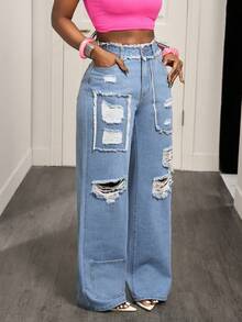 BamGleam Cowgirl Inelastic Distressed Straight Leg Blue Jeans, Spring For Women - Light Wash - View 4