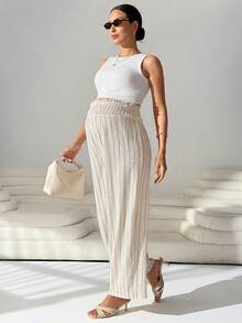 MaterniWear 孕妇休闲通勤条纹高腰直筒裤 - 杏色 - 查看 5