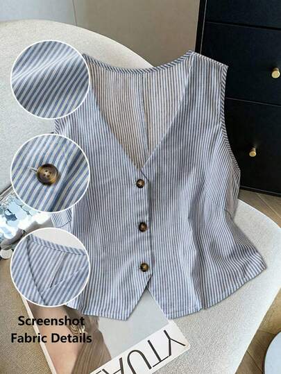 SHEIN LUNE Plus Size Women's Single-Breasted Striped V-Neck Sleeveless Casual Blouse Business Casual Woman Blue And White Stripes Stylish Casual Office Clothing Old Money Style Women Clothing Vacation