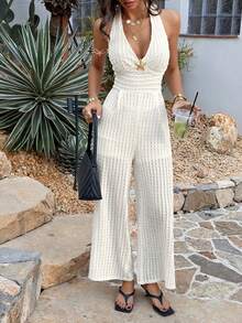 Pariaura Women's Casual And Elegant Apricot Sexy Halter Top+Long Baggy Pants,2Pcs Office Vacation Style Set Suitable For Daily Wear/Vcation/Date/Office Attire/Teacher - Apricot - View 7