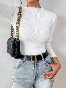 SHEIN Frenchy 92% Cotton Women's Ribbed Round Neck Long Sleeve Casual T-Shirt For Fall And Winter, Striped Basic Fitted Style With White Warm Turtleneck. Slim-Fitting And Versatile, Suitable For Daily Wear, Commuting, Home, And Layering. Stylish For Dates, Spring - White - View 6