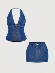 Sweetra Women's Fashion Casual Versatile Sleeveless Halter Crop Top Paired With Denim Skirt Set - Medium Wash - View 1