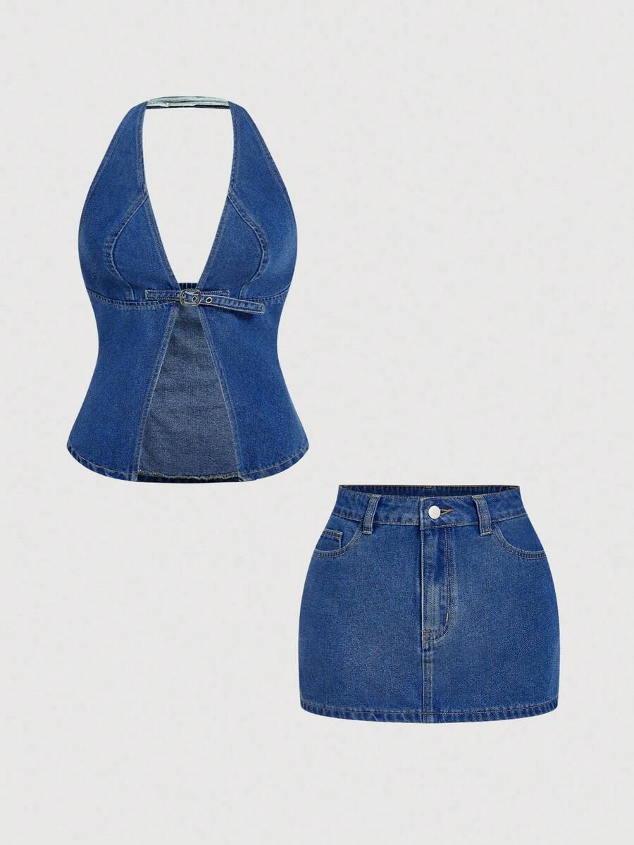 Sweetra Women's Fashion Casual Versatile Sleeveless Halter Crop Top Paired With Denim Skirt Set - Medium Wash - View 1