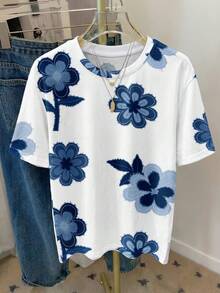 SHEIN LUNE Áo thun nữ dáng rộng, cổ tròn, tay ngắn, phong cách tối giản, thường ngày. - Nhiều màu - Xem 6