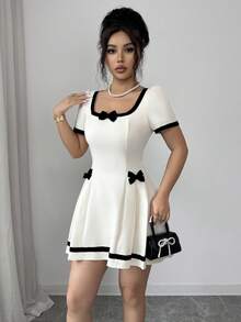Rafferiza Vestido casual corto de línea A con cuello cuadrado, manga corta, lazo en la cintura y diseño elegante francés de cinta negra para mujer en verano - Albaricoque - Ver 6