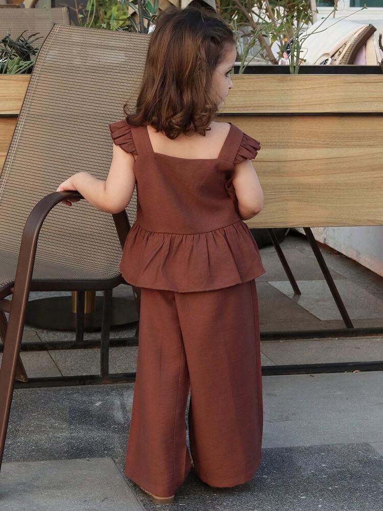 Young Girls Ruffle Trim Solid Color Shirt Set