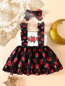 SHEIN Đầm không tay phối họa tiết in hình cho bé gái sơ sinh, kiểu dáng mới mùa hè với họa tiết hoa hồng ren vàng, thích hợp cho tiệc tùng, họp mặt, dạ hội và mặc hàng ngày. - màu đen - Xem 1