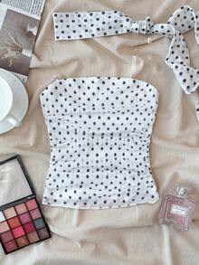 SHEIN Tween Girls Tank Tops & Camis With Matching Neck Gaiter, Ruched Midriff White Base Black Polka Dot - White - View 1