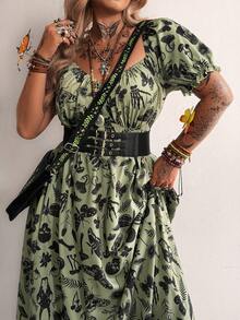Whyspr Plus Size Punk Style V-Neck Printed Long Dress, Spring/Summer - Green - View 6