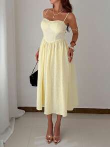 Rafferiza Tall 时尚百搭约会派对吊带喇叭连衣裙，秋冬女装 - 鵝黃色 - 查看 7