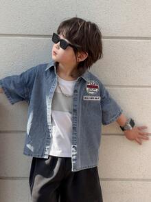 DAZY Young Boy Letter Print Front Button Casual Denim Shirt - Blue - View 4