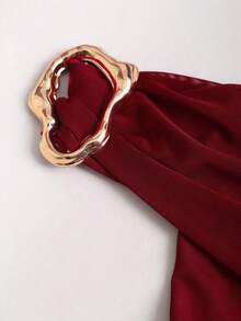 Sweetra New Summer Mesh Sexy Fashionable Versatile Asymmetric Hem Cinched Waist Red T-Shirt For Women - Burgundy - View 4