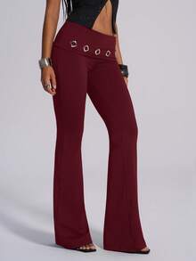 TypaGal Women's Casual Fashion Street Chic Daily Commute Metal Decor Foldover Waist Flare Leg Pants Bell Bottom Pants Flared Pants - Burgundy - View 6