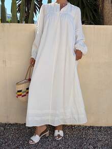 Livesso Spring White Cotton Ruffled Hem Loose Midi Dress For Vacation - White - View 4