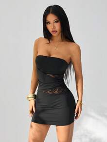 SHEIN PETITE 夏季女士黑色优雅蕾丝拼接真挚长裙，优雅女士连衣裙，派对女士服装，新年女士连衣裙，黑色女士连衣裙，优雅女士连衣裙，伴娘礼服，婚礼派对 - 黑色 - 查看 1