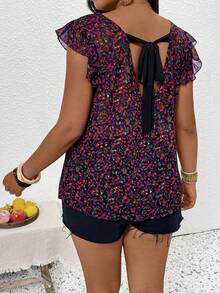 SHEIN Frenchy Blusa de moda versátil con diseño de manga corta, estampado y lazo en la espalda para mujer de talla grande - Multicolor - Ver 3