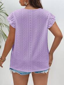 SHEIN Frenchy 大码女式夏季休闲度假日常通勤纯色荷叶边袖口T恤 - 淡紫色 - 查看 2