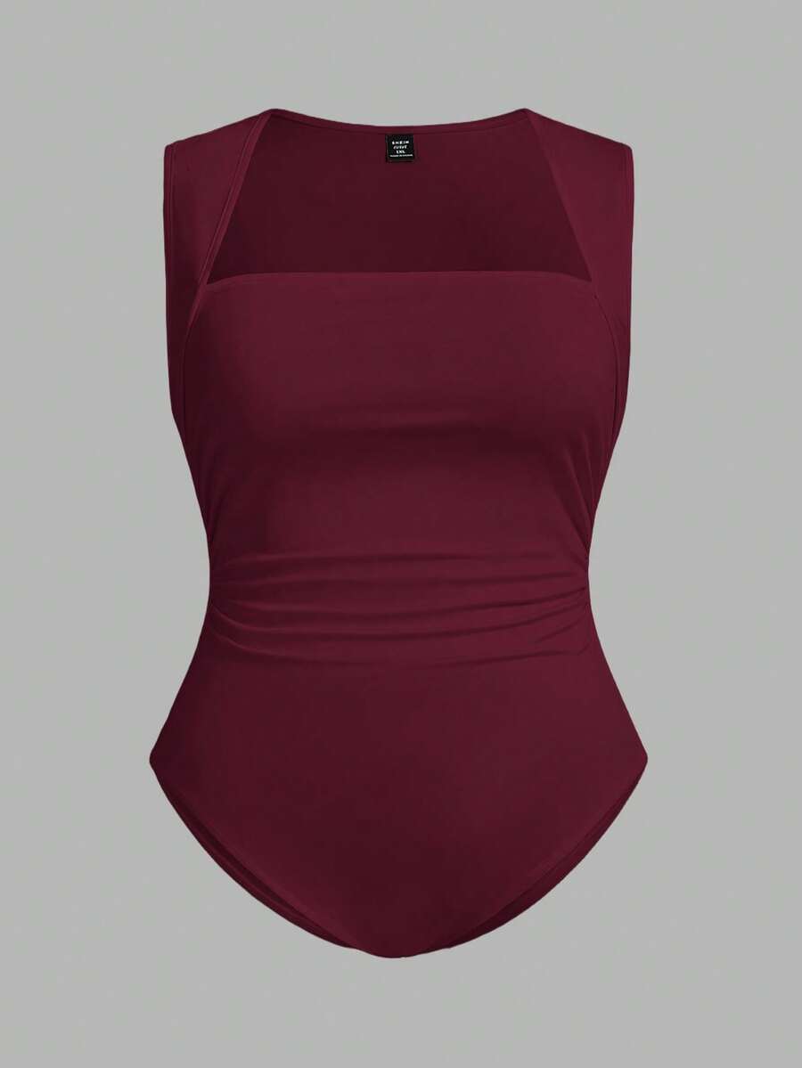 SHEIN Essnce 大码女式夏季休闲性感紧身黑色背心连体衣，夏季女装，曲线加大码，早午餐穿搭，秋季女装 - 中紫紅色 - 查看 1