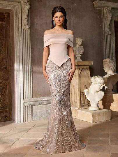 Aureia Elegant, Glamorous, Charming,And Stylish Apricot-Colored Sequined Embroidered Stretch Satin Dress With An Off-The-Shoulder Design, Pleats, And A 2 In 1 Style. Mermaid Silhouette With A Train. Suitable For All Formal Occasions, Wedding Guests, Wedding Holidays, Wedding Parties, Photo Shoots, And Elaborate Evening Gowns.