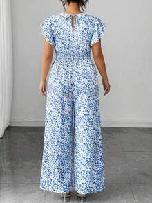 Elenzga Plus Ditsy Floral Print Butterfly Sleeve Wide Leg Jumpsuit - Blue - View 2