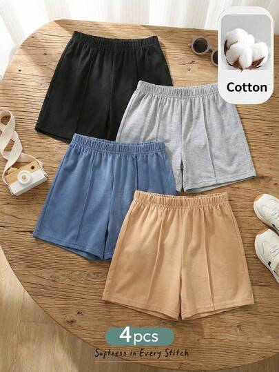 Cozy Pixies 4pcs Young Boy Solid Color Soft Elastic Waist Shorts Set