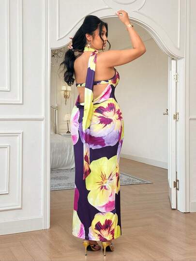 Celure Vestido con estampado sin espalda de talla grande