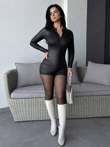 Vassilux Women's Solid Color Front Zipper Long Sleeve Jumpsuit, Casual Daily Wear Fall Cloth For Women - Black - View 6