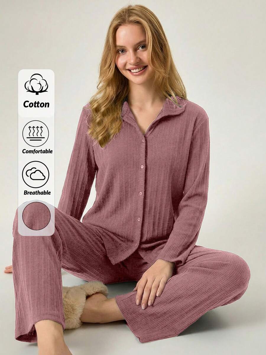 Loomlin 100%Cotton Shirt Style Buttoned Striped Dark Blue 2 Pieces Pajama Set - Rusty Rose - View 1