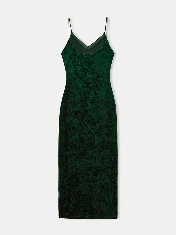Samt-Maxikleid mit transparentem V-Ausschnitt, Ausgehoutfit für Herbst, Frauenkleidung für Herbst und Winter