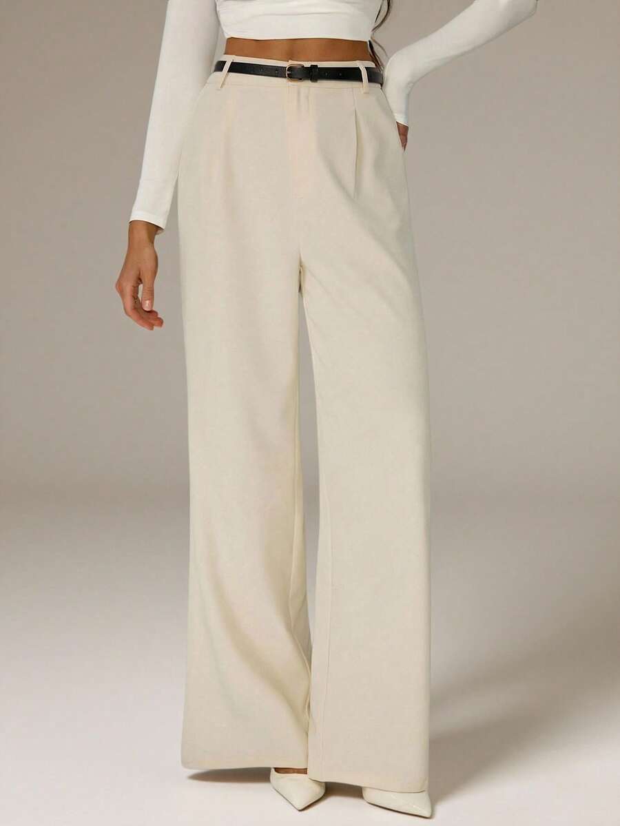 SHEIN Tall Women's Casual Belted Wide Leg Pants, Suitable For Commuting - Beige - View 1