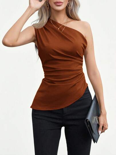 Aveloria Modichic Women's Summer Minimalist Solid Color Asymmetric Hem Ruched Waist Sleeveless Top